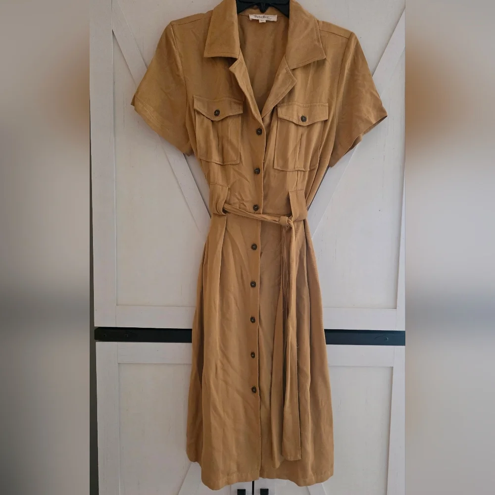 Rebellion Camel Button-Down Midi Dress - Picture 1 of 4